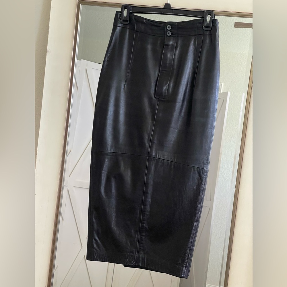 Maxima For Tannery West Leather Black Elegant Long Pencil Leather Skirt